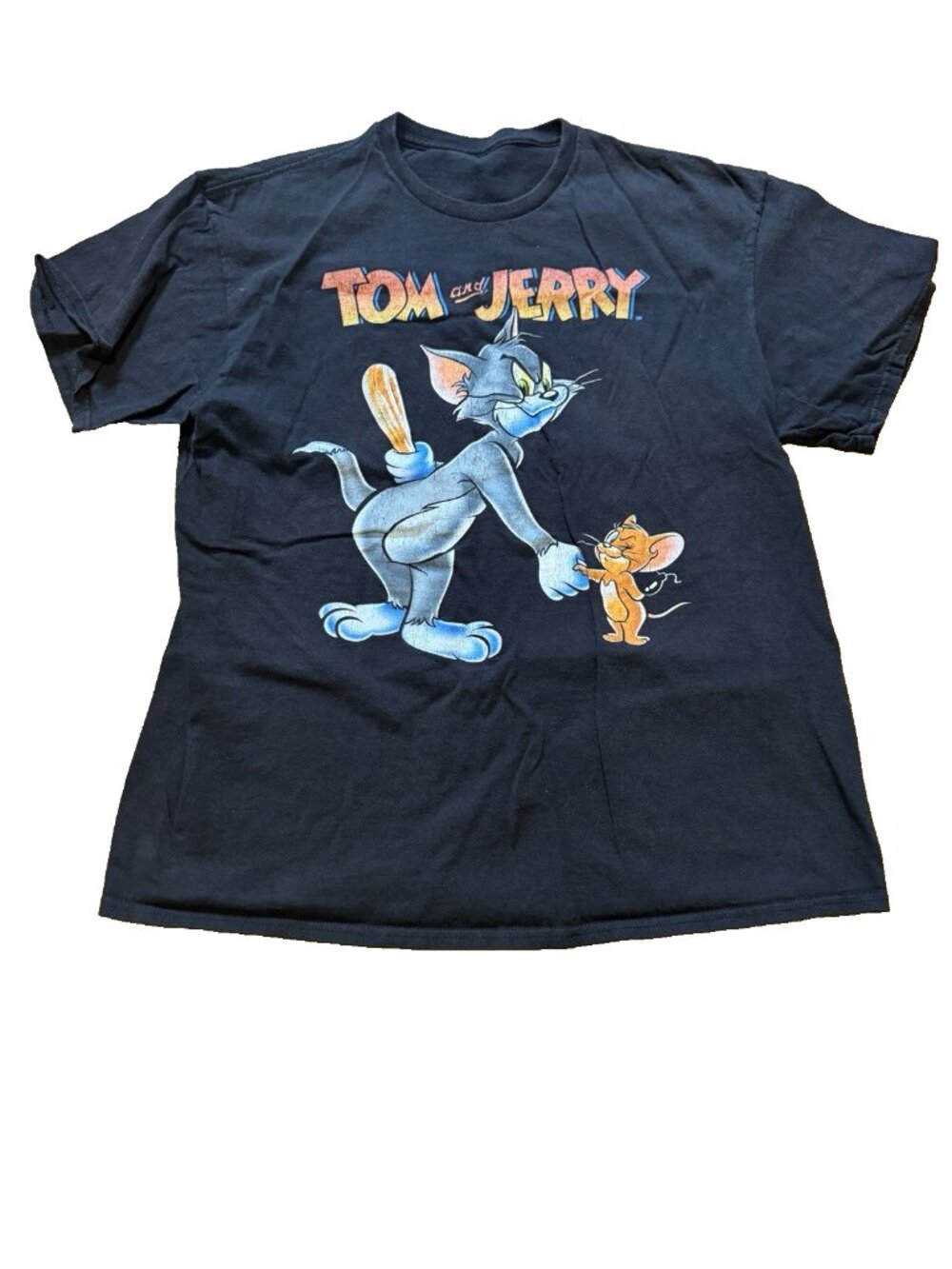 Tom and Jerry T-Shirt Tom Holding Baseball Bat Graphic Black Tee Men's L Y2K